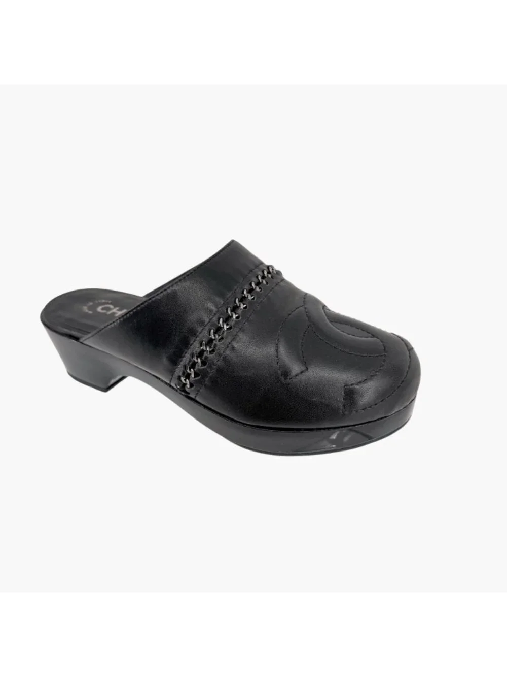 Chanel Black Leather CC Chain Mule Slip On Clogs Flats Size 36 US 5–5.5 Women's